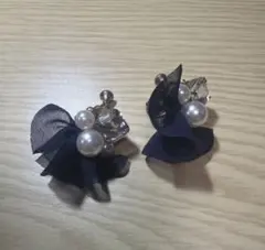 ネイビー チュール パール ビジュー イヤリング