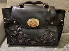 美品　COACH コーチ ショルダー バッグ ブラック 花柄　週末値下げ