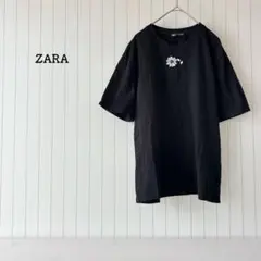 ザラ Tシャツ シルバー 花 スパンコール 黒 シンプル ワンポイント L 上品
