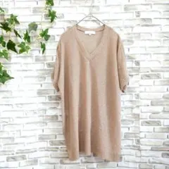 自由区　ニット　半袖　Ⅴネック　ベージュ　ラメ　レディース　冬　秋　スリット