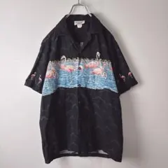 ハワイ製　USA 紙タグ　アロハシャツ　メンズ　フラミンゴ　古着　ブラックのサムネイル