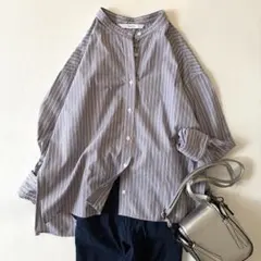 【美品】フレームワーク　バンドカラーストライプシャツ　青＆赤　オーバーサイズ