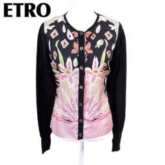 ETRO 長袖カーディガン ニット 42 黒×ピンク 花柄のサムネイル