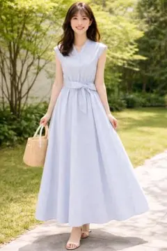 ワンピース　水色　白　リボン　ロング　レディース春　夏　ストライプ　M