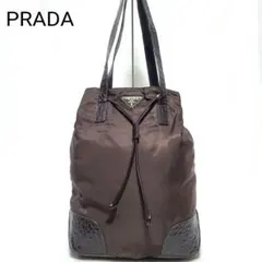 PRADA　ショルダーバッグ 肩掛け 巾着 三角ロゴ クロコ型押し ナイロン