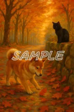 秋の犬と猫の油絵　AI生成　 №11