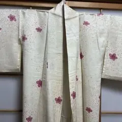 小紋 着物白地 菊柄 ぼかし 散らし、一重サマー模様 指差しや折り目に汚れ有り、のサムネイル