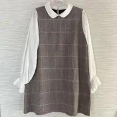 【Ems excite】ブラウンチェック柄ミニワンピース 長袖 (Mサイズ)