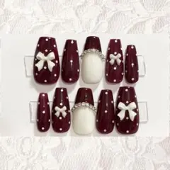 No.41 現品 ネイルチップ ボルドー ドット リボン フレンチガーリー