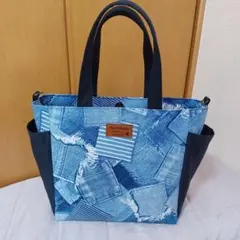 デニムトートバッグ 外ポケット付き