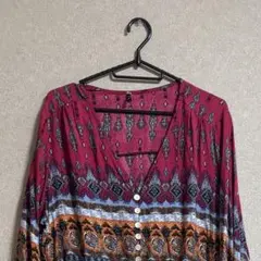 ロングワンピース エスニック柄 マキシワンピース ロング丈 前ボタンタイプ