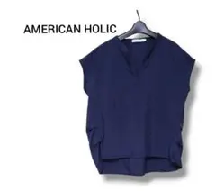 美品★シャツ アメリカンホリック V フレンチスリーブ スキッパー ネイビー L