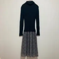 【プロバドール】タートルネック ドッキングニットワンピース M 黒 チェック柄