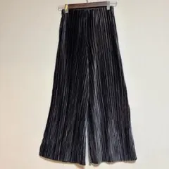 Discoat プリーツワイドパンツ ベロア調 光沢ブラックフリー ウエストゴム