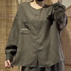 レディース長袖シャツブラウス刺繍麻リネンカーキ