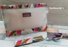 クリアフラットポーチ　マルチポーチ ハンドメイド　畳縁　ピンク幾何学模様