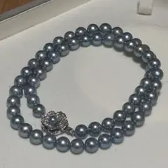 ケース付】パール ネックレス SILVER刻印 グレー ブルー系 冠婚葬祭 