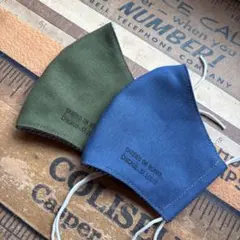 ハンドメイド布マスク★9806 大人用 綿麻 ブルー 青、グリーン 緑。白ゴム