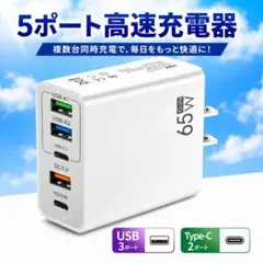 USB Type-C 充電器 コンセント 白色 5ポート 65W 急速 高速