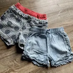 ストライプとデニムのフリル付きショートパンツ