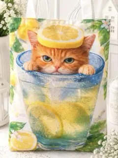 人気 猫バッグ　茶トラ猫　レモネード　丈夫な新品トート　オリジナル　大判