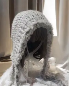 ボンネット　ファー付き　ニット帽　ハンドメイド　編み物　バラボンネット　フード帽