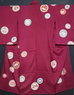 50%off‼正絹絽アンティーク訪問着！超希少美品 ワインレッドに波兎千鳥アザミ