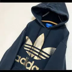 adidas アディダス パーカー フーディ ブラック ゴールドでかロゴ S