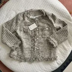 ツイードノーカラージャケット グレー系 フリンジ仕上げ