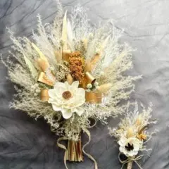 ウェディングブーケ＆ブートニア ナチュラルホワイト×ゴールド 上品 花嫁 前撮り