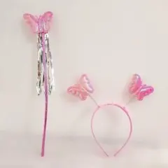 蝶の妖精コスプレ　ピンク　子供用　カチューシャ　ステッキ　2点セット