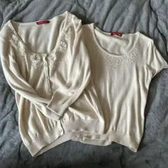 アプワイザーリッシェ 7部袖 アンサンブル M ニット ビジュー パール風 花