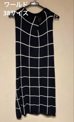 ノースリーブチェック柄　紺色　ワンピース　ワールド38サイズ　M
