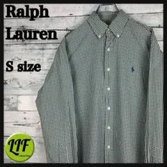 ラルフローレン 紫刺繍ロゴ 長袖BDシャツ ギムガムチェック 緑白 S 5036