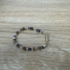 ビーズブレスレット 青 茶色 調整可能