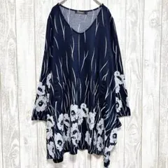 オレンジ チュニック Vネック 長袖 花柄 M 紺 白 ポリエステル お出かけ
