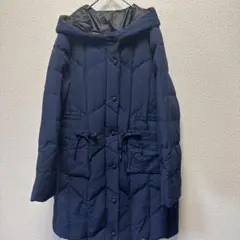 ネイビー フード付き ロングダウンコート　ダウン80フェザー20