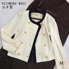 レトロ　リブニットノーカラージャケット　ダブルゴールドメタルボタン　バイカラーM