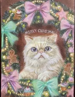 色鉛筆画 sweet Christmas 猫 原画 手描きイラスト