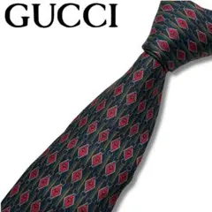 【極美品】グッチ ネクタイ シルク100% グリーン系 ダイヤモンドパターン