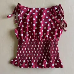 ドット柄ノースリーブウエストシェイプブラウス赤白