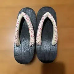 黒色木製下駄 花柄鼻緒 23.0~25.0cm