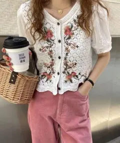 花柄刺繍 クロシェ編み 半袖カーディガン ホワイトのサムネイル