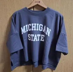 クロップドTシャツ　ロゴTシャツ　グレー　レディース