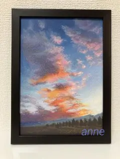 【オリジナル原画】　オイルパステル　印象的な夕焼け雲　パステル　風景画　秋