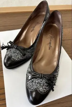 銀座かねまつ　黒と白のツイードリボンパンプス（23㎝）