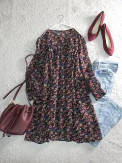 ザラ 総柄 花柄 切り替え ギャザー デザイン チュニック ワンピース M