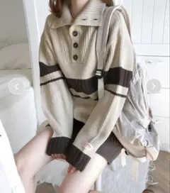 java ハイネックデザインカラー配色ニット ベージュ