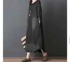 ワンピース デニム ロングワンピース バルーンワンピ 黒 ブラックL
