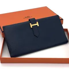 エルメス ベアン クラシック ボックスカーフ ネイビー 長財布 二つ折り